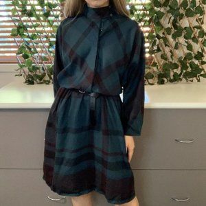 Vintage Marcel Wool Turquoise Plaid Long Sleeve High Neck Dress w/ Pockets (M)